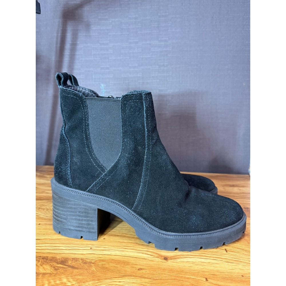 Lucky Brand Black Suede Lug Sole Ankle Boots Stacked Block Heel Side Zip 8.5M